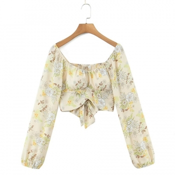 non-stretch floral printing padded off-the-shoulder lace-up stylish crop top