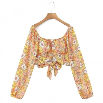 non-stretch padded flower printing off-the-shoulder lace-up stylish crop top