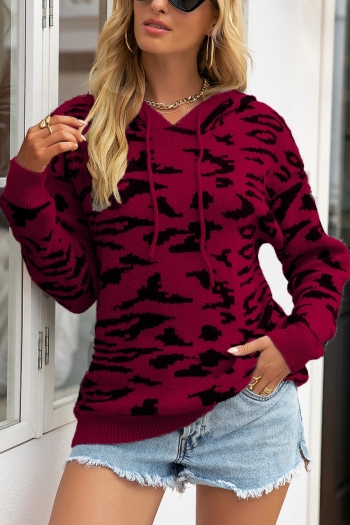 stretch 4 colors leopard ribbed knit hooded casual sweaters