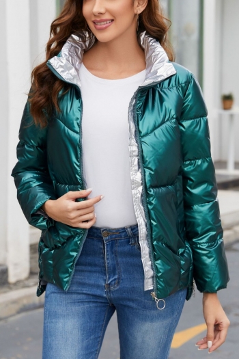 non stretch glossy zip-up pockets stylish warm jacket