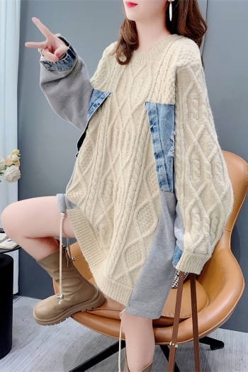 slight stretch loose knitted denim patchwork contrast color casual sweater