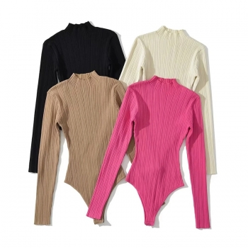 four colors knitted slight stretch long sleeve stylish all-match thin bodysuit