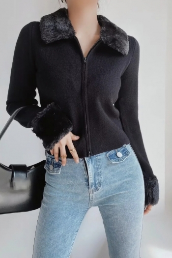 two colors knitted slight stretch fuzzy collar zip-up stylish all-match sweater
