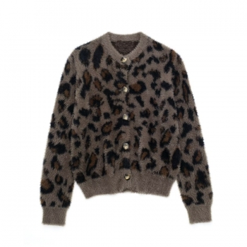 leopard knitted slight stretch single-breasted stylish warm fuzzy sweater