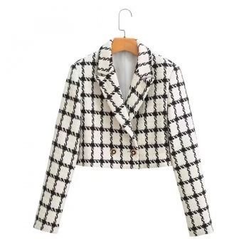 plaid tweed non-stretch long sleeve button stylish all-match crop blazer