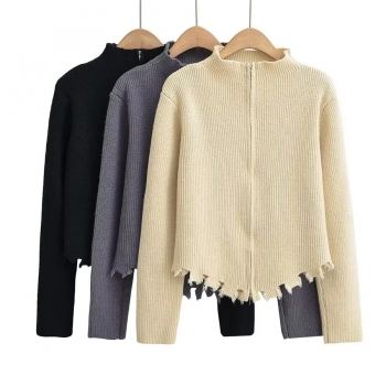 three colors slight stretch zip-up raw edge stylish all-match knitted sweater