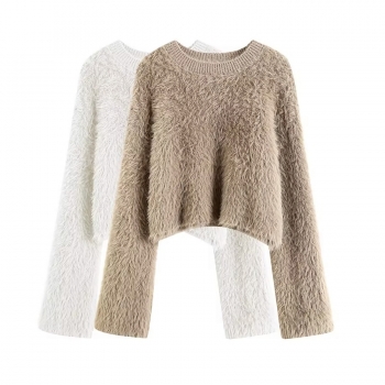 Two colors slight stretch long sleeve stylish crop fuzzy knitted sweater