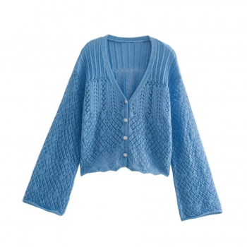 slight stretch rhinestone decor single-breasted stylish cut out knitted sweater