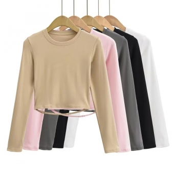 slight stretch 5 colors backless long sleeve stylish all-match crop top