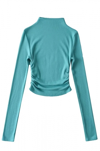 slight stretch 6 colors ribbed knit long sleeve shirring stylish crop top