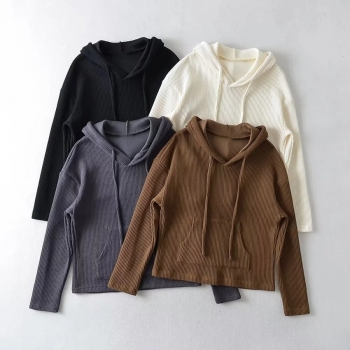 slight stretch 4 colors knitted pocket stylish loose hooded sweatshirt