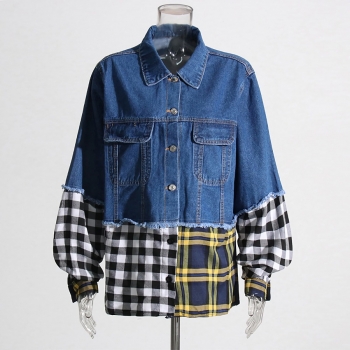 non-stretch lattice stitching single-breasted casual high quality denim jacket