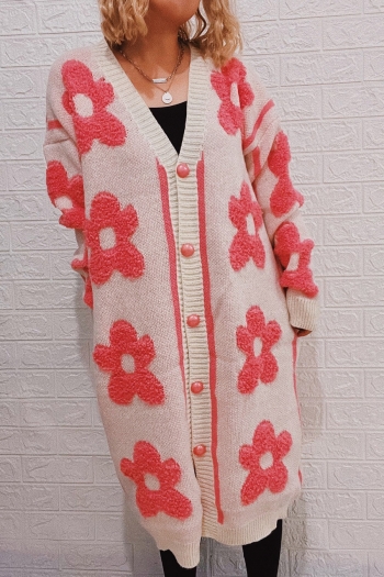 slight stretch 3 colors flower jacquard v-neck single-breasted stylish sweater