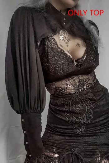 slight stretch lace trim high neck gothic style long sleeve crop top