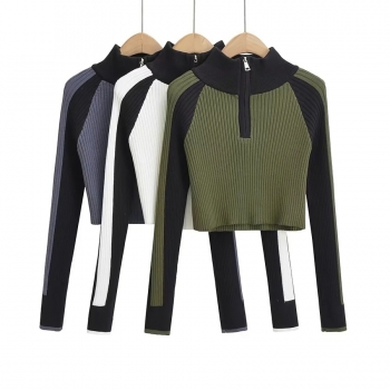 slight stretch 3 colors contrast color knitted zip-up stylish crop sweater