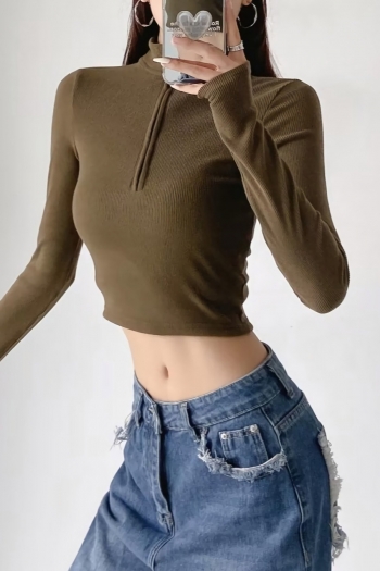 slight stretch 6 colors ribbed knit zip-up stylish all-match crop top