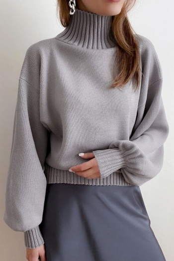 slight stretch 7-colors puff sleeve high collar all-match knitted casual sweater