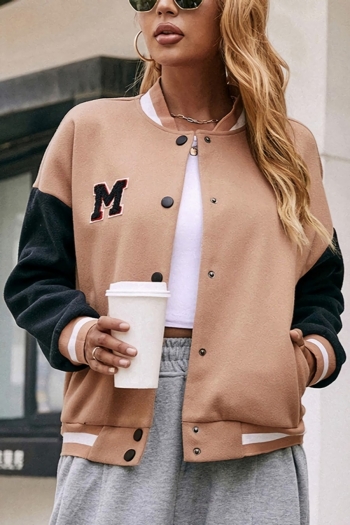 slight stretch letter applique button casual baseball uniform