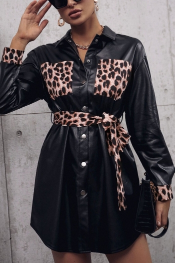 inelastic pu with leopard belt button casual outerwear