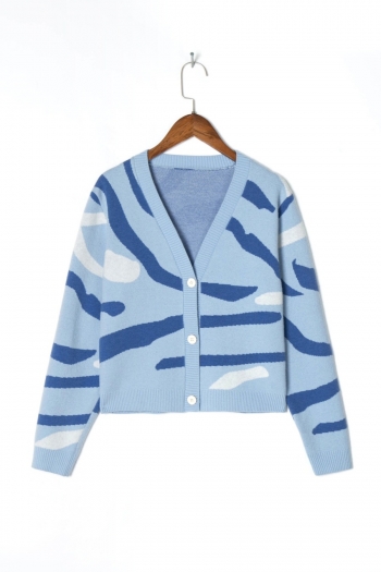 slight stretch retro blue stripe single-breasted knitte casual thin sweater