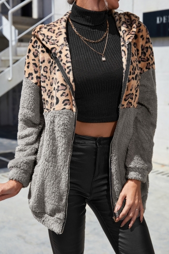 slight stretch hooded leopard stitching teddy fleece zip-up casual outerwear
