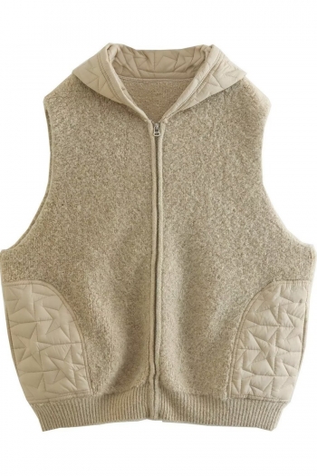 non-stretch 3-colors zip-up hooded patchwork knitted casual warm vest