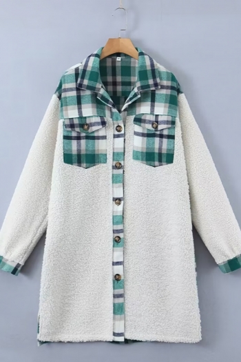 non-stretch lattice berber fleece patchwork button pocket mid-length jacket