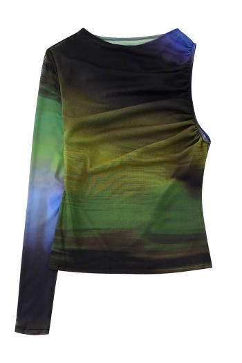 new slight stretch mesh tie-dye printing long sleeve irregular stylish top