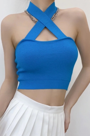 four colors stretch hollow halter-neck backless slim sexy crop knitted top