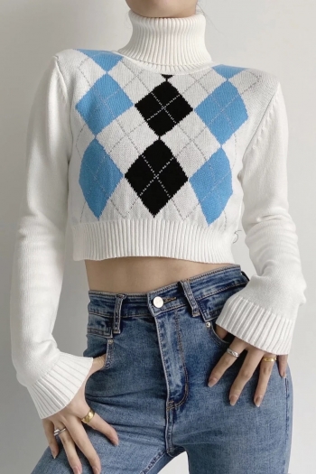 new 3 colors diamond knitted stretch high neck exquisite crop sweater