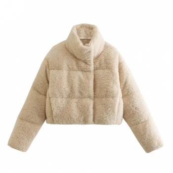 non-stretch solid color zip-up pocket berber fleece loose casual warm jacket