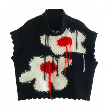 slight stretch tassel knitted flower contrast color loose stylish vest