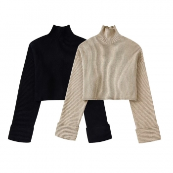 slight stretch solid color loose high collar knitted exquisite thin sweater