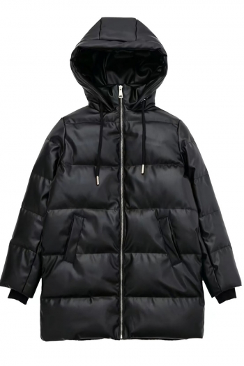 xs-l non-stretch zip-up pocket hooded pu mid length casual warm down jacket