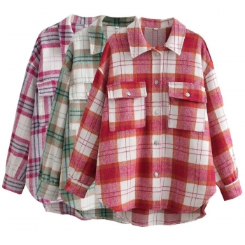 non-stretch plaid printing single-breasted loose pocket tweed casual jacket