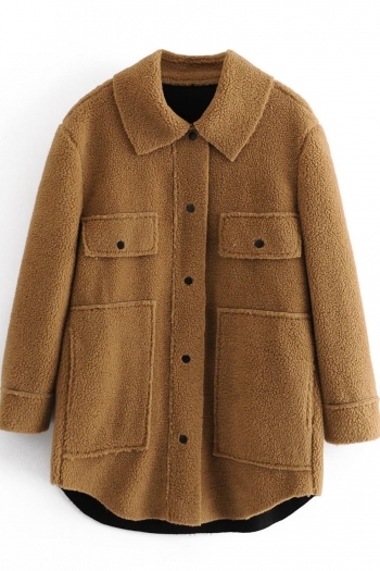 non-stretch solid color single-breasted pocket loose teddy fleece casual coat