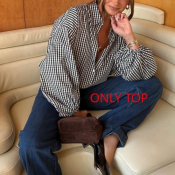 inelastic lattice lapel button casual blouse