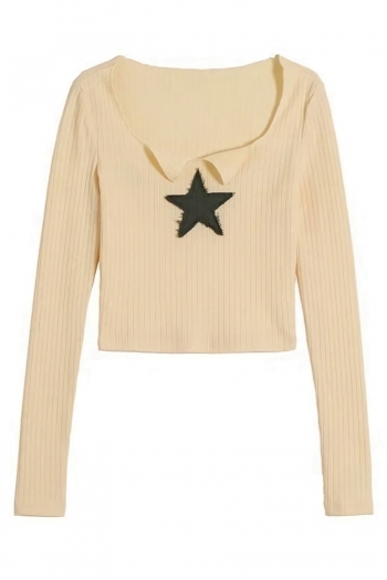 three colors pentagram patch ribbed knitted stretch stylish slim top