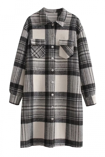 non-stretch plaid printing single-breasted pocket loose mid-length tweed coat