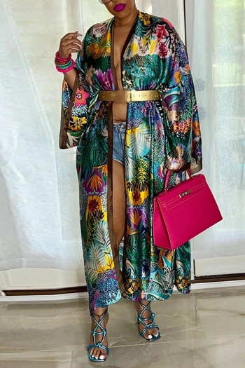 allover floral printing slight stretch loose stylish kimono outerwear(no belt)