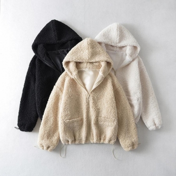 non-stretch solid color 3-colors zipper pocket berber fleece hooded warm jacket