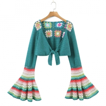 slight stretch hollow knit contrast color floral flared sleeve cardigan sweater