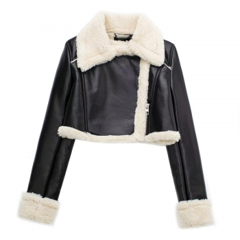 xs-l non-stretch pu berber fleece patchwork zip-up short exquisite jacket
