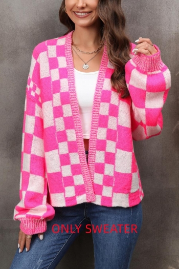 slight stretch plaid knitted long sleeve casual all-match cardigan sweater