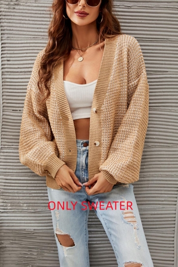 slight stretch two colors v-neck single-breasted loose casual knitted sweater
