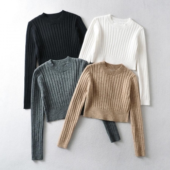 slight stretch solid color 4-colors long sleeve knitted exquisite thin sweater