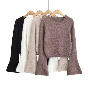 slight stretch simple solid color 4 colors bell sleeve slim knit stylish sweater