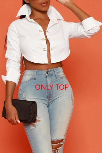 new 2 colors non-stretch hollow long sleeve exquisite crop blouse(with pin)