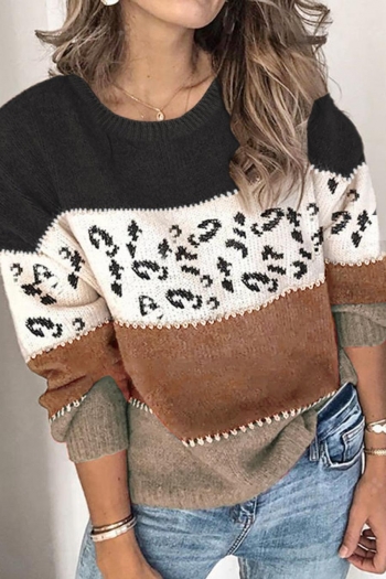 slight stretch contrast color leopard casual all-match knitted sweater