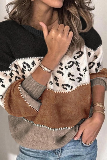 Slight stretch contrast color leopard casual all-match knitted sweater